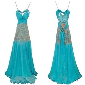 Sherri Hill Floral Beaded Floral Ruched Tulle Prom Dress Aqua Blue 11138